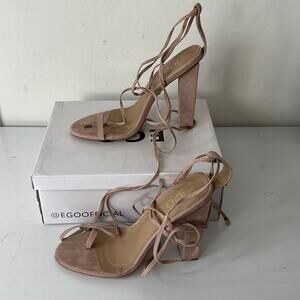 EGO Alexi nude suede lace‎ up heels sz 10 strappy square heel beige